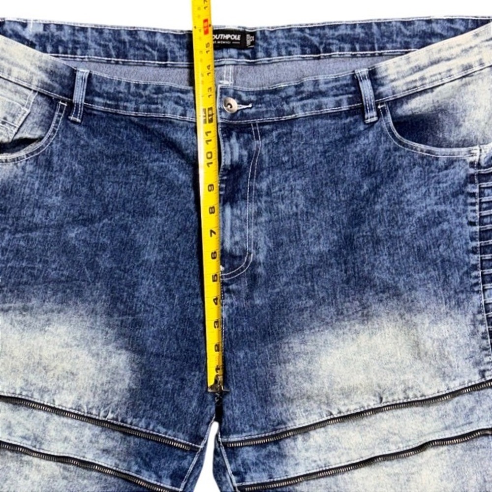 Southpole Mens Blue Acid Wash Biker Denim Shorts Moto Ribbed Zippers Size 52 - Picture 5 of 13